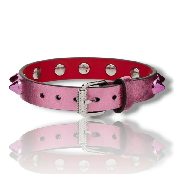 Christian Louboutin Loubilink Hot Pink Glitter Spiked Calf Leather Bracelet 8" - Picture 3 of 11